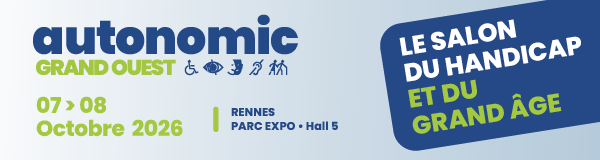 Bannière pour Autonomic Grand Ouest, un salon consacré au handicap et au troisième âge, qui se tiendra à Rennes les 7 et 8 octobre 2026, au Parc Expo, hall 5. Texte bleu et vert sur fond clair, avec des icônes d’accessibilité. Tous les véhicules présentés sont adaptés aux fauteuils roulants.