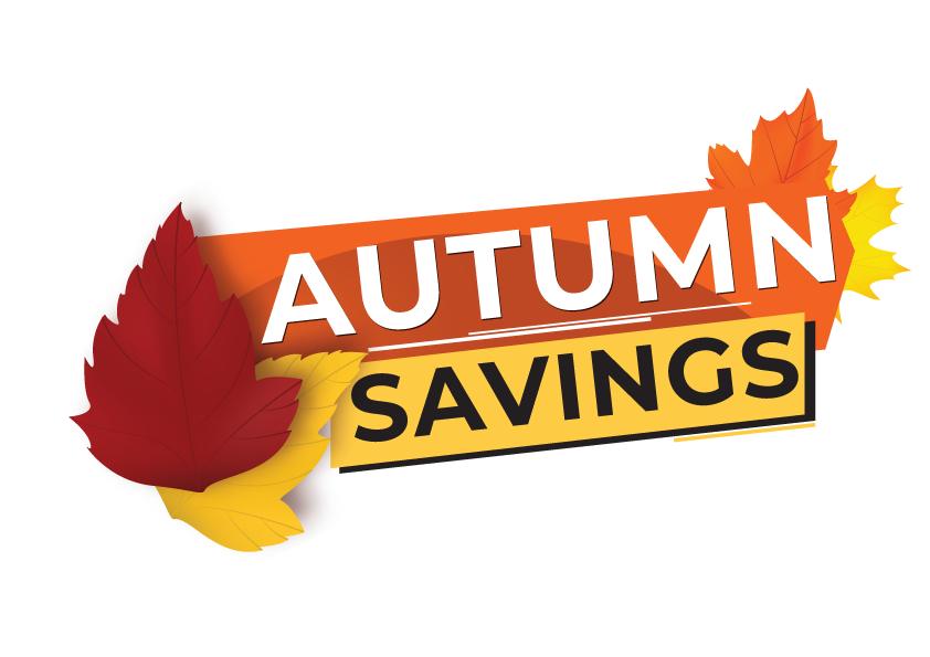 Autumn Savings text surrounded by colourful autumn leaves in red, yellow, and orange on a white background, featured on a wheelchair accessible vehicle specialist website.