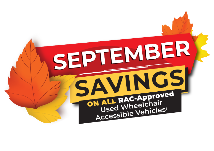 Red and yellow banner with autumn leaves, displaying the message September Savings on all RAC-Approved Used Wheelchair Accessible Vehicles, ideal for those seeking affordable WAV options.