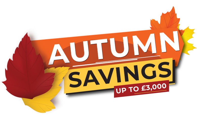 Orange and yellow banner with red and yellow leaves. Text reads: AUTUMN SAVINGS UP TO £3,000.