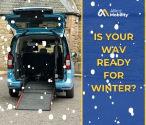 Cars with headlights on drive through heavy snow on a winter road at dusk. Text reads: Tips & Tricks for Driving Your WAV in the Winter. Allied Mobility logo in blue and yellow in corner.