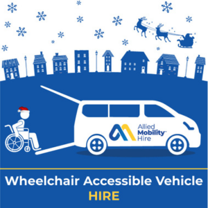 Blue hill with a mix of blue houses, blue snowflakes and blue reindeer fly in the white sky. White car with a wheelchair ramp at the rear says wheelchair accessible vehicle hire.