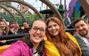 Jenni, Lauren, Imali and friends on a ride at Disneyland Paris.