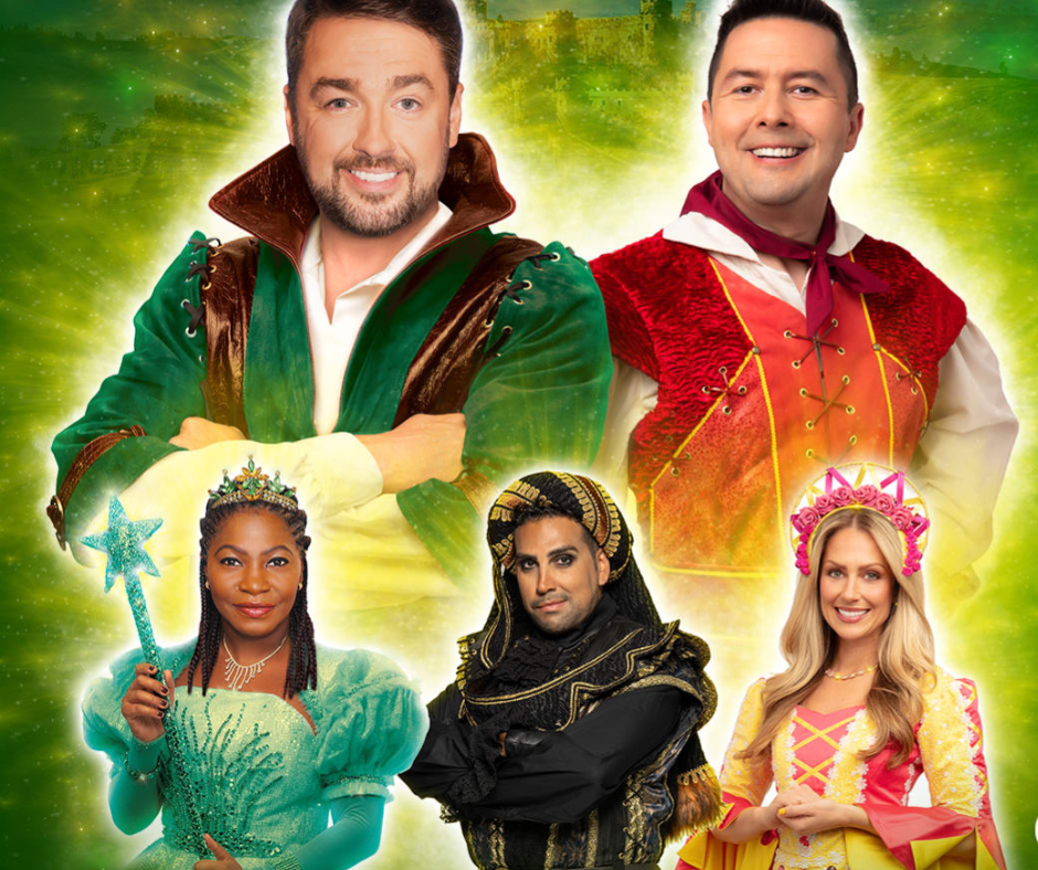 Poster for Robin Hood panto at Open House Manchester. Five actors in colourful fairytale costumes, including a green-clad hero, a red-vested sidekick, a fairy godmother, a villain in black, and a princess with a pink crown. Image Credit: ATG Tickets page.