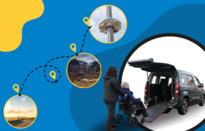 An Accessible Guide to Glasgow 2026” graphic featuring an accessible vehicle with ramp, wheelchair users, athletes, and Glasgow 2026 branding on a blue background.