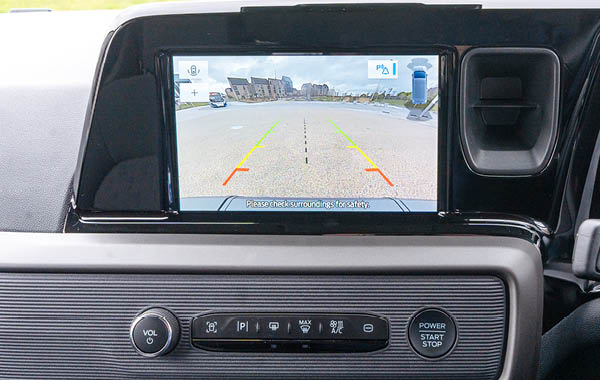 Infotainment screen in the Ford Valeso displaying the rear‑view reversing camera.