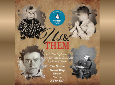 Event poster titled Us & Them displays sepia-toned portraits of four individuals, the Heritage Fund logo, and details for an exhibition running 3rd-28th September at The Horton, Haven Way, Epsom, Surrey, KT19 8NP. Presented by Freewheelers Theatre, the exhibition runs Tuesdays to Saturdays from 9:15am to 4:30pm and highlights full accessibility. All featured vehicles are shown as wheelchair accessible vehicles (WAVs), emphasising accessible transport options with features such as ramps or lifts available throughout the event.