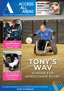 Access All Areas magazine cover featuring individuals using wheelchairs entering and travelling in wheelchair accessible vehicles (WAVs), a man playing wheelchair rugby, and an assistance dog wearing sunglasses. Headlines focus on the excitement of wheelchair rugby, benefits and details of WAVs, and expert tips for travelling with an assistance dog in a wheelchair accessible vehicle.