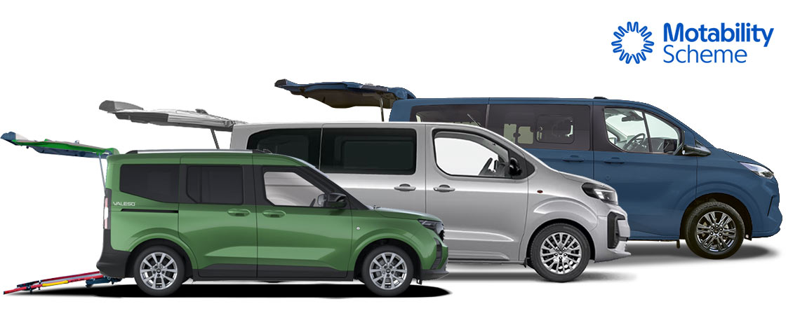 Green, silver, and blue wheelchair accessible vehicles with their rear tailgates open, displayed with the Motability Scheme logo.