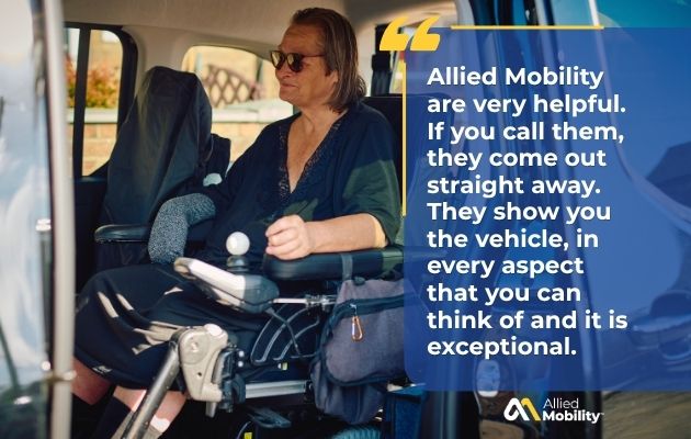 A woman sitting in a powered wheelchair inside a WAV, with an overlay featuring a customer testimonial about Allied Mobility.